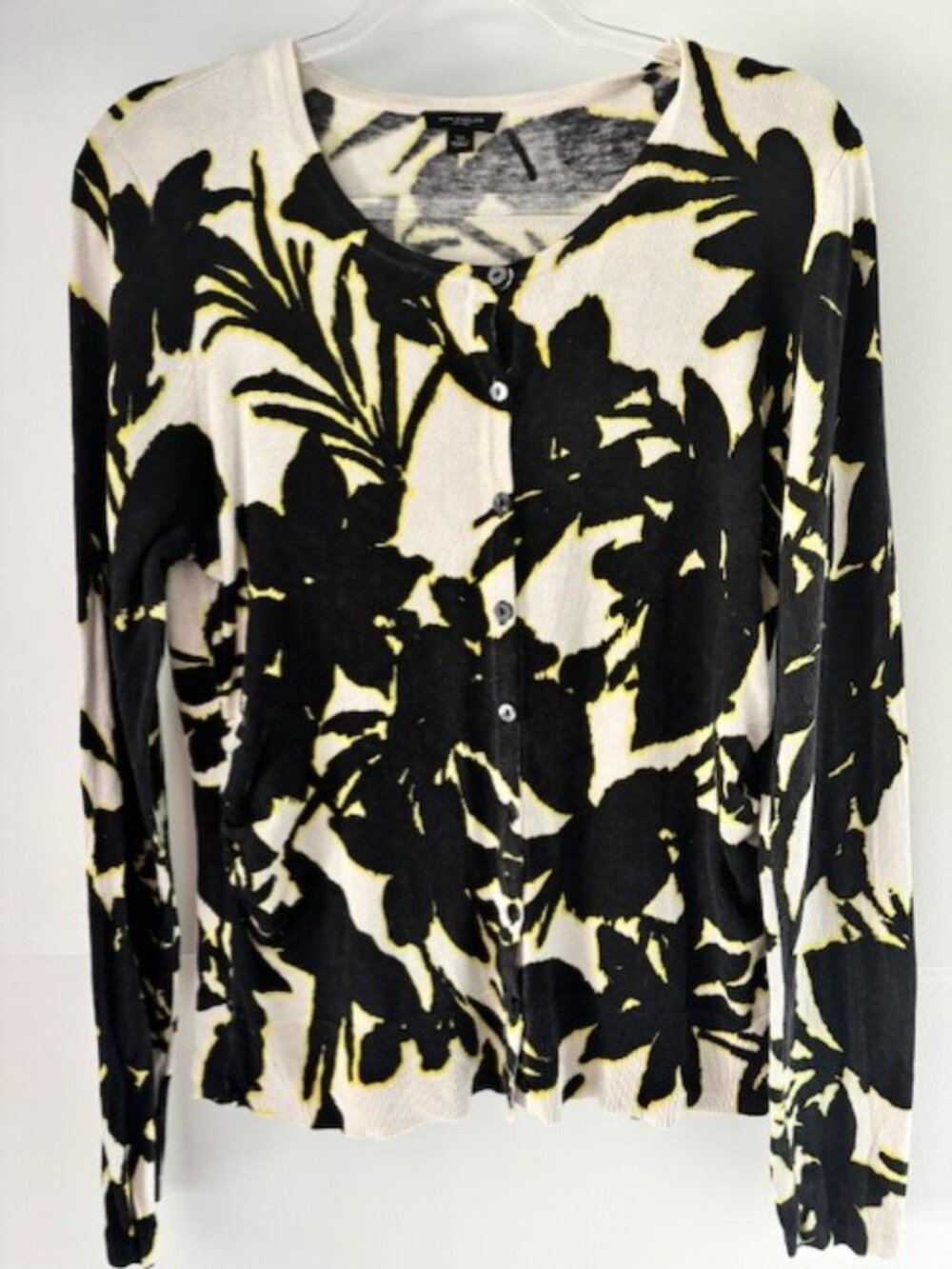 Ann Taylor Cashmere Silk Blend Cardigan XL Cream Black Floral Button Sweater
